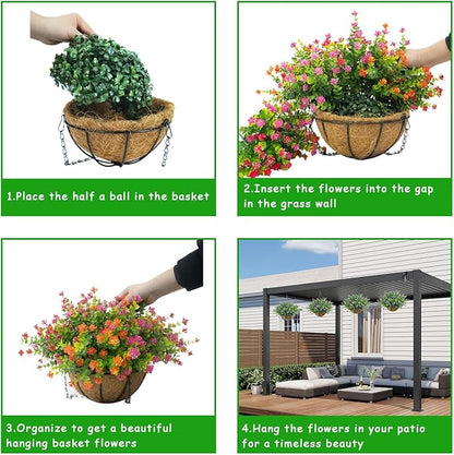 Artificial Hanging Flowers Basket, 12 UV-Resistant Bundles of Realistic Fake Flowers, Faux Plants for Outdoor Decor, Home, Garden, Porch, Patio, Spring & Summer Decorations, Orange Pink Red