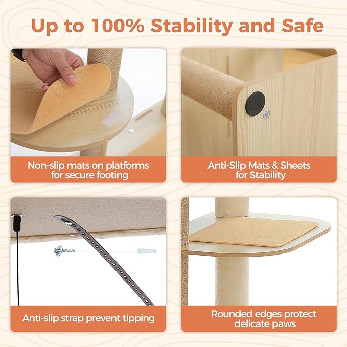 71" Tall Wood Cat Tree for Large Cats, Modern Cat Tower with 2 Acrylic Bowls, Large Top Perch, Spacious Cat Cave (Soft Cushion Included), 10 Sisal Scratching Posts and Non-Slip Jump Platforms-Mewly Pet