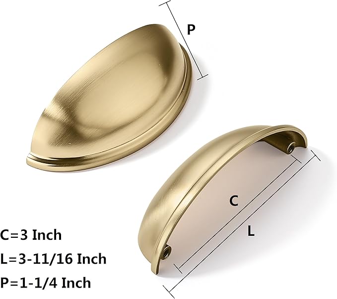 khtumeware 10 Pack 3" Gold Drawer Pulls Brushed Brass Cabinet Cup Pulls Kitchen Hardware Cabinet Handles Drawer Handles Knobs 3 inch Hole Center