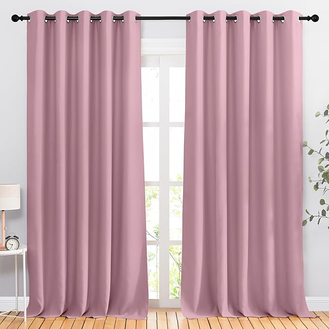 NICETOWN Crystal Pink Room Darkening Sliding Door Curtains, Window Treatment Thermal Grommet Voice Reducing Drapes for Living Room/Bedroom, Set of 2, W66 x L102