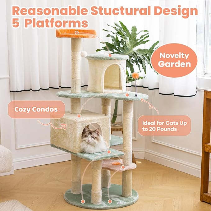 HYABi 53 Inch Flower Cat Tree - Multi-Level Cat Condo with Scratch Posts & Toys, Fresh Design Eco-Friendly Material, for Multi-Cat Households & Indoor Cat Playground-Mewly Pet