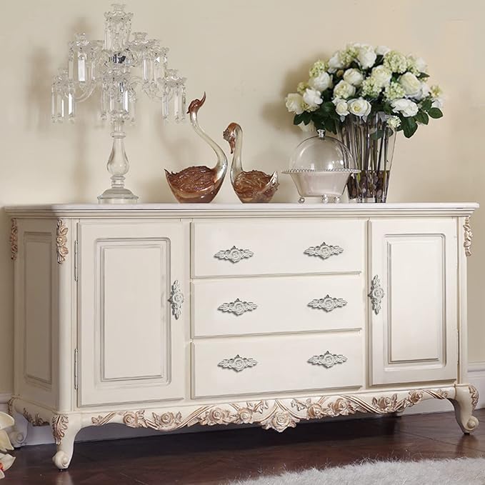 Uenhoy 5 Pcs Rose Cabinet Knobs with Backplate, Vintage Floral Drawer Knob Pulls, Zinc Alloy Rose Flower Drawer Pull Handles for Cabinets and Dresser - 4 Inch, Ivory White with Silver Trim