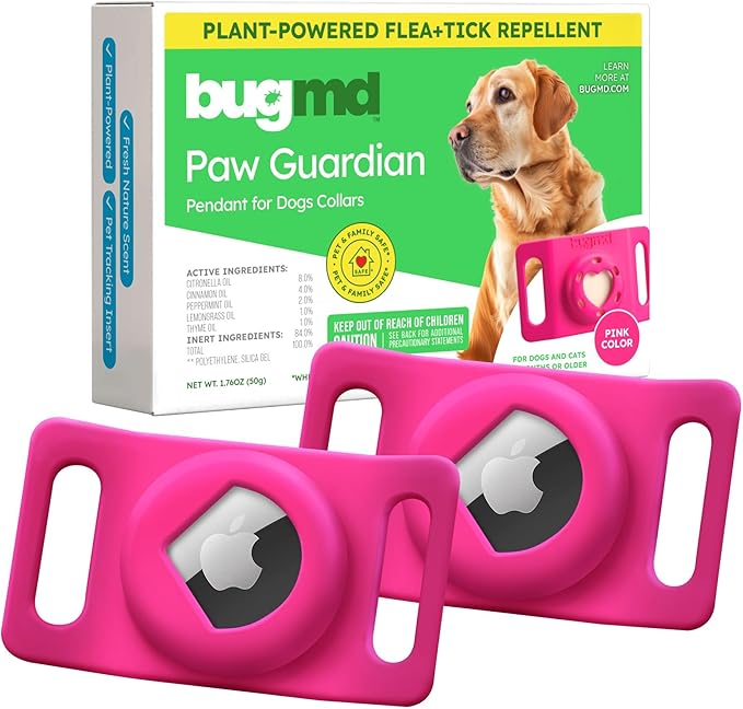 BugMD Paw Guardian Flea & Tick Pendant (2-Pack) with AirTag Holder – Plant-Based Flea & Tick Prevention for Dogs – Pet Collar Tag & GPS Tracker Holder for Dogs – Pink-Mewly Pet