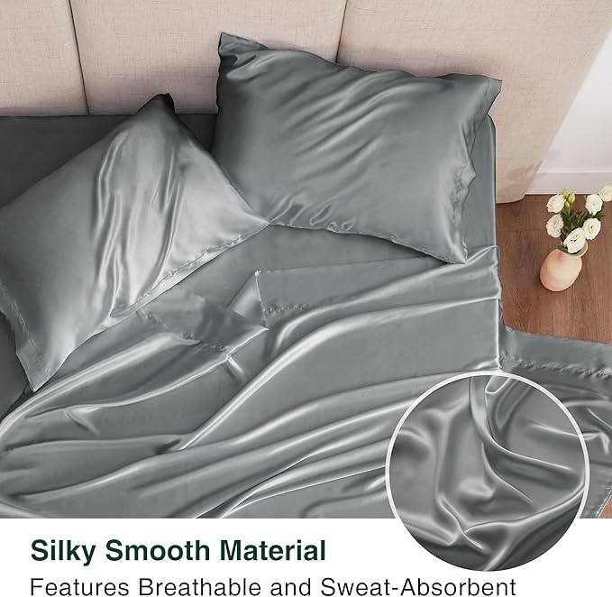 Love's cabin Satin Queen Sheets Set - 4 Piece Dark Grey Silky Bed Sheets with Deep Pocket, Luxury Silk Feel Satin Queen Size Sheet Set (1 Flat Sheet,1 Fitted Sheet,2 Pillow Cases)