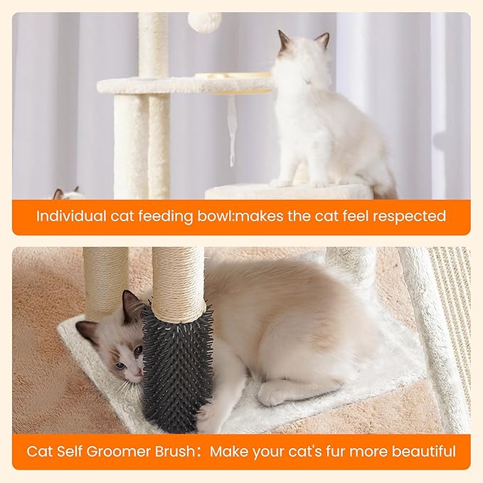 Heybly Cat Tree with Cat Self Groomer Brush, Cat Tower Condo for Indoor Cats with Padded Plush Perch, Cat House with Basket Scratching Board Post, Beige HCT005SM-Mewly Pet
