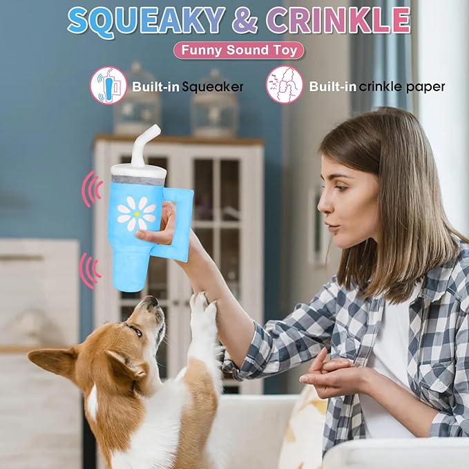 Squeaky Dog Toy - Crinkle Pup Cup Tumbler Plush Dog Toy with Cute Daisy Design for Small Medium Breeds, Funny Interactive Puppy Birthday Gift (Blue)-Mewly Pet
