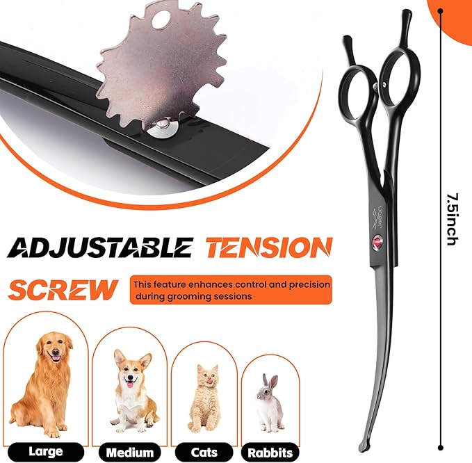 JASON 7.5" Dog Grooming Shear - Professional Up-curved Scissor with Round Tips Japanese Stainless Steel Hair Scissor for Dogs, Cats and Other Pets (Curved with Round Tips, Black)-Mewly Pet
