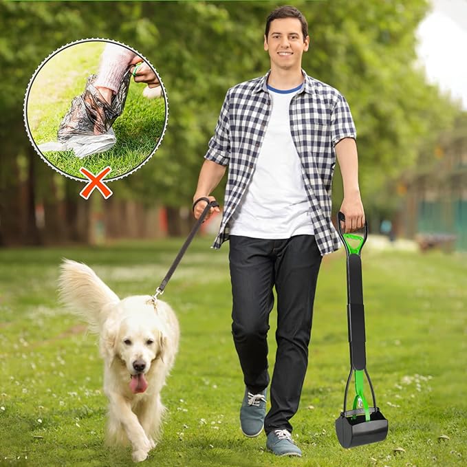UPSKY 32'' Pooper Scooper for Large Small Dogs, Long Handle Dog Poop Scooper with Waste Bags, Portable Dog Poop Pick Up Tool, Folding Poop Scoop for Yard, Grass, Dirt, Gravel Green-Mewly Pet