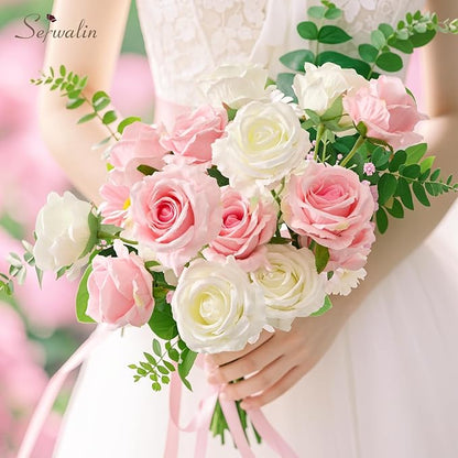 Serwalin 20pcs Artificial Pink & White Roses, 4'' Big Flower Head, Fake Velvet Roses, Silk Roses Long Stems Realistic Bouquet for Wedding Parties Table Centerpiece and Home Decor