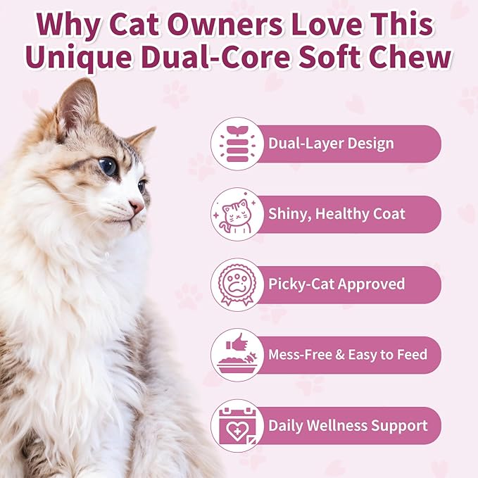Natural Skin and Coat Support for Cats - Crunchy & Creamy Chews with Omega 3, Biotin & Vitamin E for Healthy Skin, Shiny Fur, Cat Supplements & Vitamins -Chicken（500 Chews-Mewly Pet