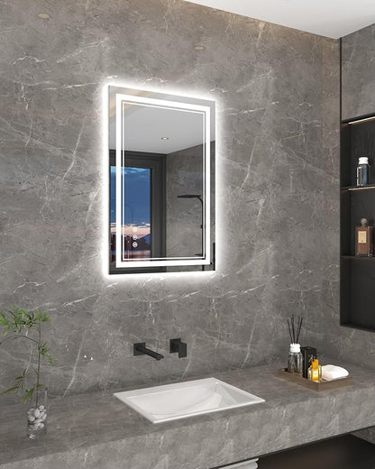 LED Mirror for Bathroom, 20x28 Inch Lighted Mirrors for Bathroom Wall with Unbreakable Tempered Glass, 3 Colors Stepless Dimmable, Super Bright 2 Front Lights + Backlit, Anti-Fog, Memory Function