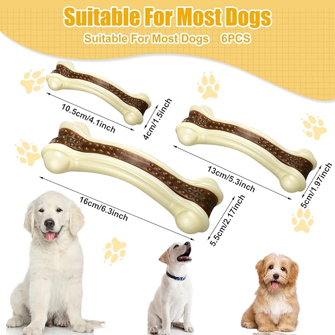 Sosation 6 Pcs Dog Toys for Aggressive Chewers Nylon Beef Flavor Bones Tough Puppy Teething Toys Puppy Chew Bones for Large Medium Small Breed Dogs Puppies Pets Chew Toys(Small Medium Large)-Mewly Pet