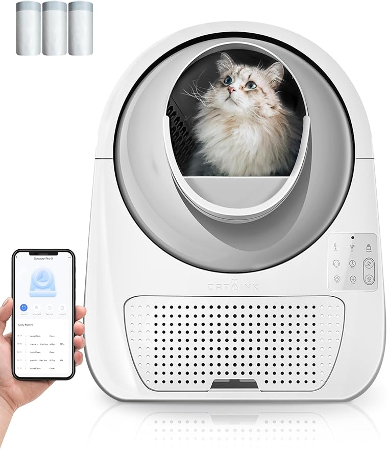 CATLINK Self Cleaning Automatic Litter Box for Cats 3.5~22lbs-APP Control,Double Odor Removal-Extra Large with 40 Liners&1 Carbon Filter Box Included -Smart Robot Cat Litter Box (New Version)-Mewly Pet