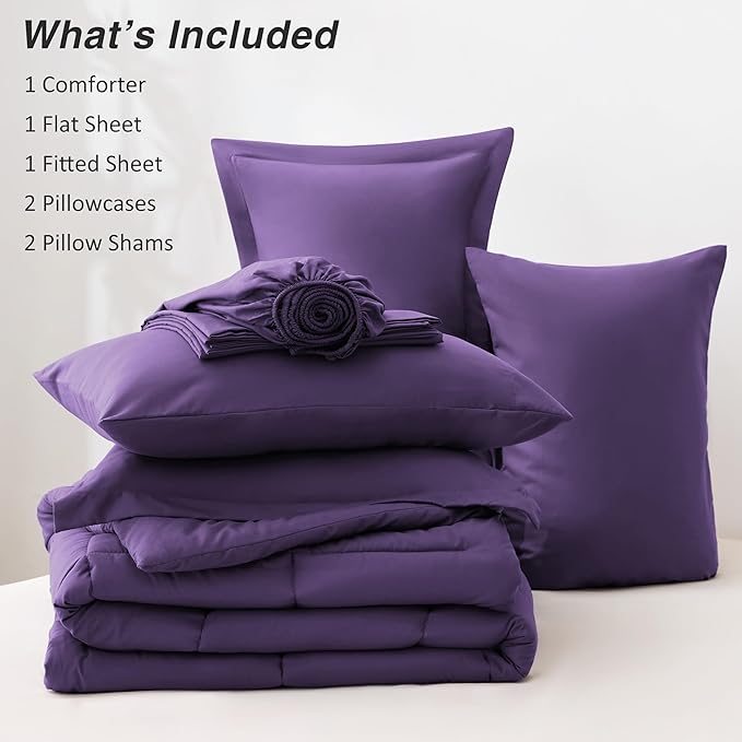 Love's cabin Full Comforter Set Dark Purple, 7 Pieces Full Bed in a Bag, All Season Bedding Sets with 1 Comforter, 1 Flat Sheet, 1 Fitted Sheet, 2 Pillowcase and 2 Pillow Sham