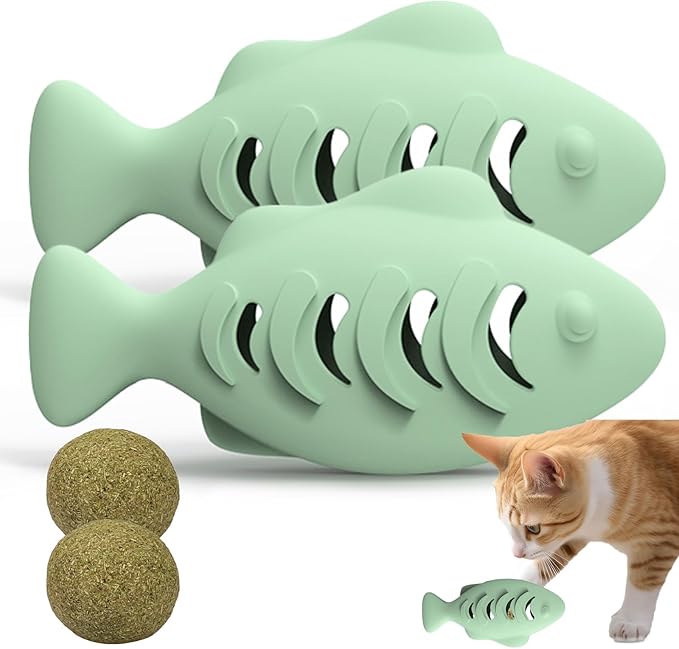 Cat Toys for Indoor Cats, Fish Shaped Chew Catnip Toys for Teeth Cleaning, Food Grade Silicone Cat Enrichment Toy, Interactive Kitten Teething Toys with 1 Cat Nip Ball, 2 Pcs-Mewly Pet
