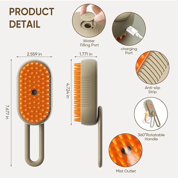 4-in-1 Cat Steam Brush for shedding–Self-Cleaning Comb for Long and Short Hair Cats and Dogs, Steam Pet Brush for Hair Removal, Vibrating Message, Grooming & Relaxation (Khaki)-Mewly Pet