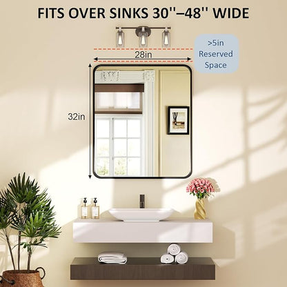 28×32 Black Frame Mirror for Over Sink - Rectangular Decorative Bathroom Mirrors with Rounded Corners & Aluminium Frame, Tempered-Glass, Restroom, Entryway, Wall, Vanity