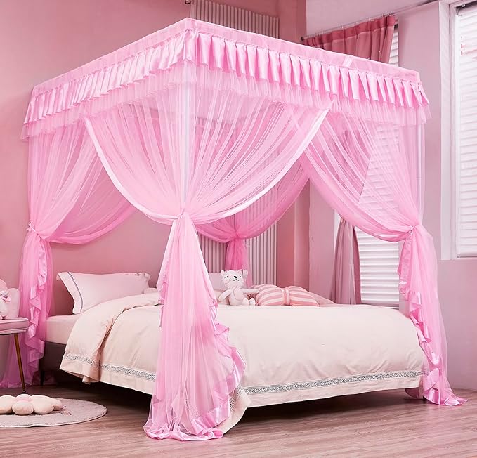 Mengersi Bed Canopy for Girls,Canopy Bed Curtains Canopy for Bed Drapes,Princess Bed Curtains Birthday Present Girls Room Decor,Pink
