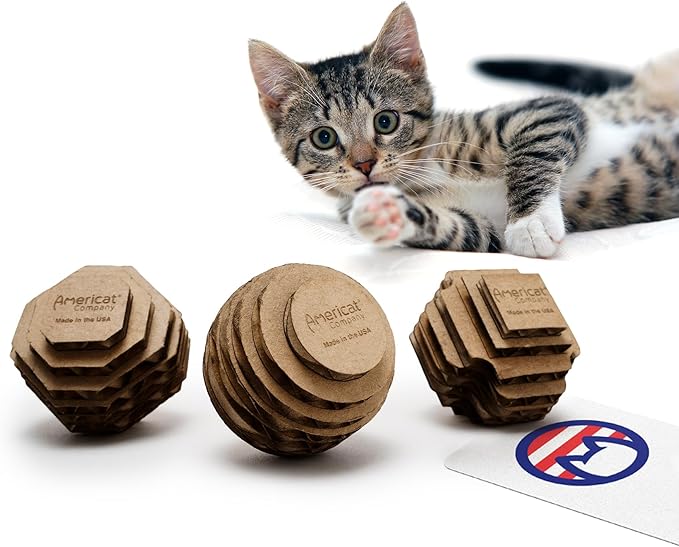 Cat Ball Toys by Americat – Made in USA – Safe Cardboard Cat Toys – for Interactive and Independent Play, Exercise & Stress Relief for All Breeds & Ages (Variety Pack of 3 Balls)-Mewly Pet