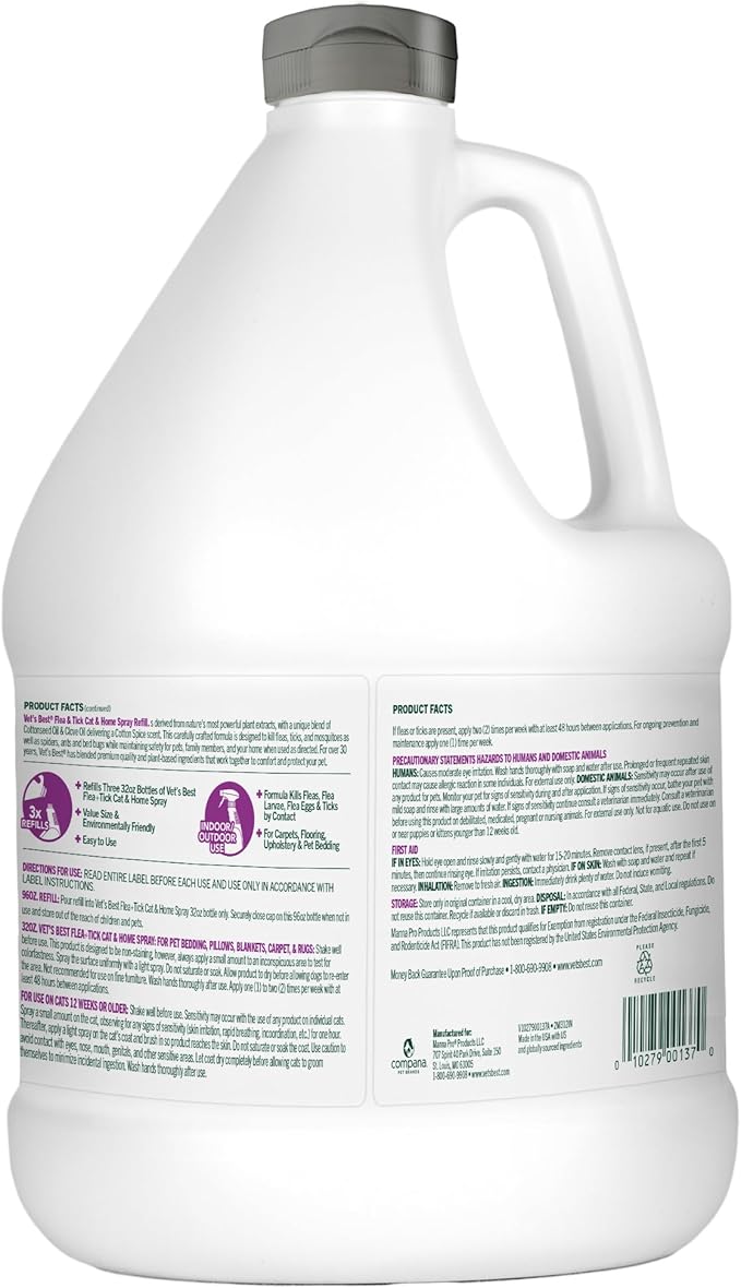 Vet's Best Natural Flea & Tick Home Spray for Cats – Cotton Spice Scented Indoor Pest Control Mist – Natural Flea Prevention with Certified Plant-Based Ingredients – 96 oz Refill – Made in USA-Mewly Pet