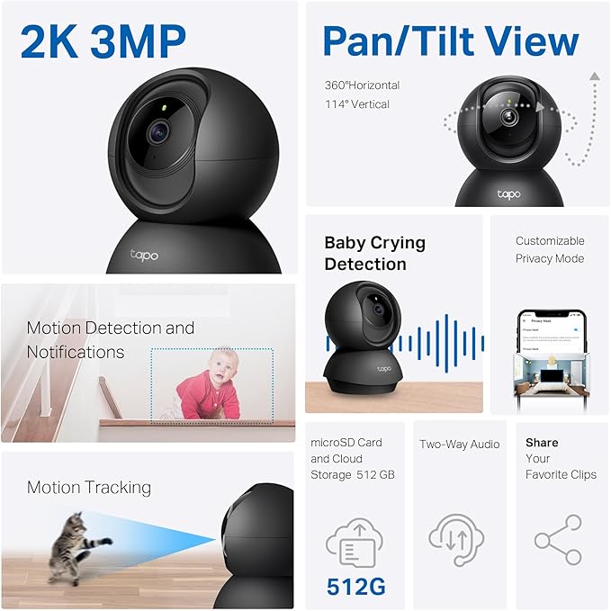 Tapo TP-Link 2K Pan/Tilt Indoor Security Camera for Baby Monitor, Pet Camera, Motion Detection & Tracking, 2-Way Audio, Cloud & SD Card Storage, Works w/Alexa & Google Home, Black, C211(2-Pack)-Mewly Pet
