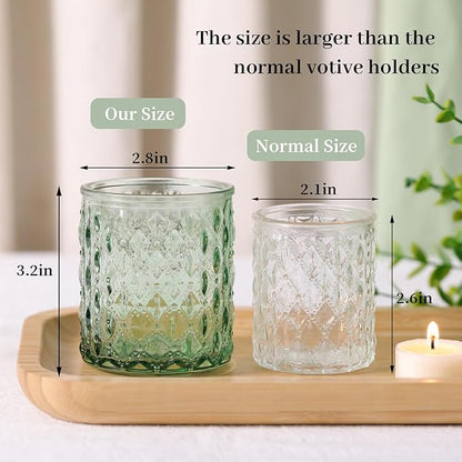 12Pcs Large Votive Candle Holders 2.8 * 3.2in Green Tea Light Candle Holders Glass Candle Holder for Bridal Shower, Wedding, Table Centerpiece, Party, Home Decor