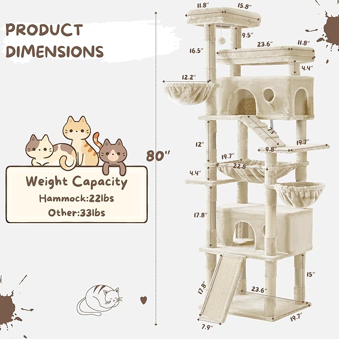 Cat Tree, 80-Inch Large Cat Tower with 9 Scratching Posts, 2 Perches, 2 Caves, 2 Basket, 2 Stairs, Extra Large Hammock, Pompoms, Multi-Level Plush Cat Condo for Indoor Cats/Beige-Mewly Pet