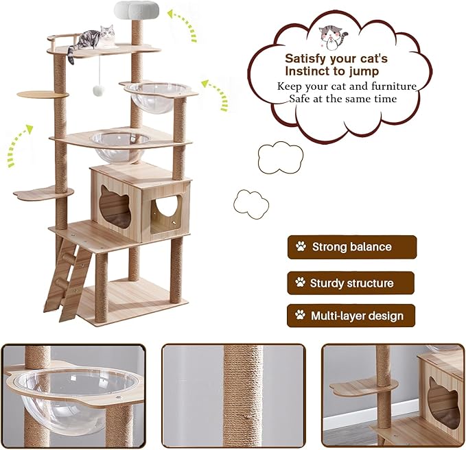 67-Inch Cat Tree for Indoor Cats Large Adult,Cat Tree Tower with Condo, Cat Stairs, 2 Bowl,14 Sisal Scratching Posts, Top Perch, with Padded Platform Bed,Toy Balls,Larg Large cat Tree.B12-Mewly Pet