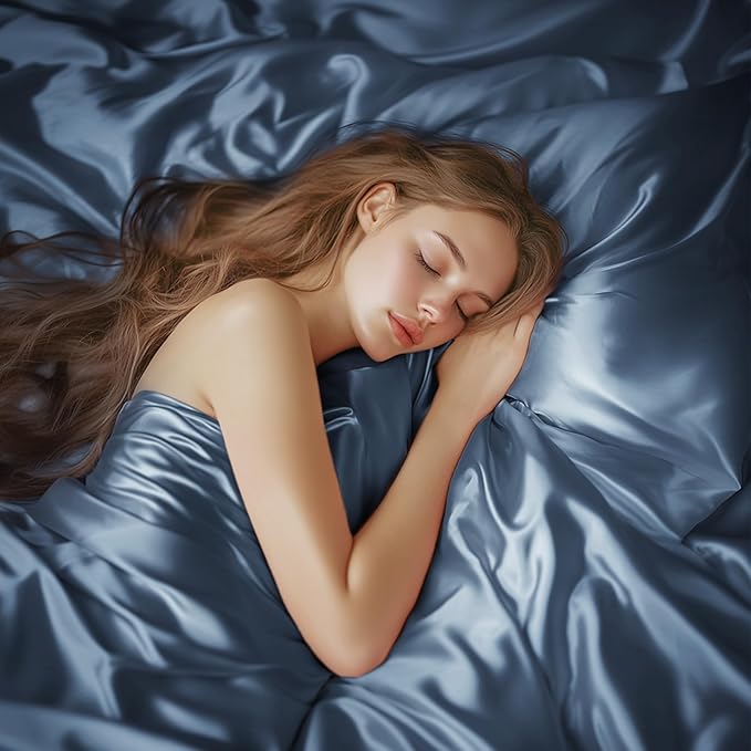 Love's cabin Satin Queen Sheets Set - 4 Piece Ash Blue Silky Bed Sheets Set with Deep Pocket, Luxury Silk Feel Satin Queen Size Sheet Set (1 Flat Sheet,1 Fitted Sheet,2 Pillow Cases)