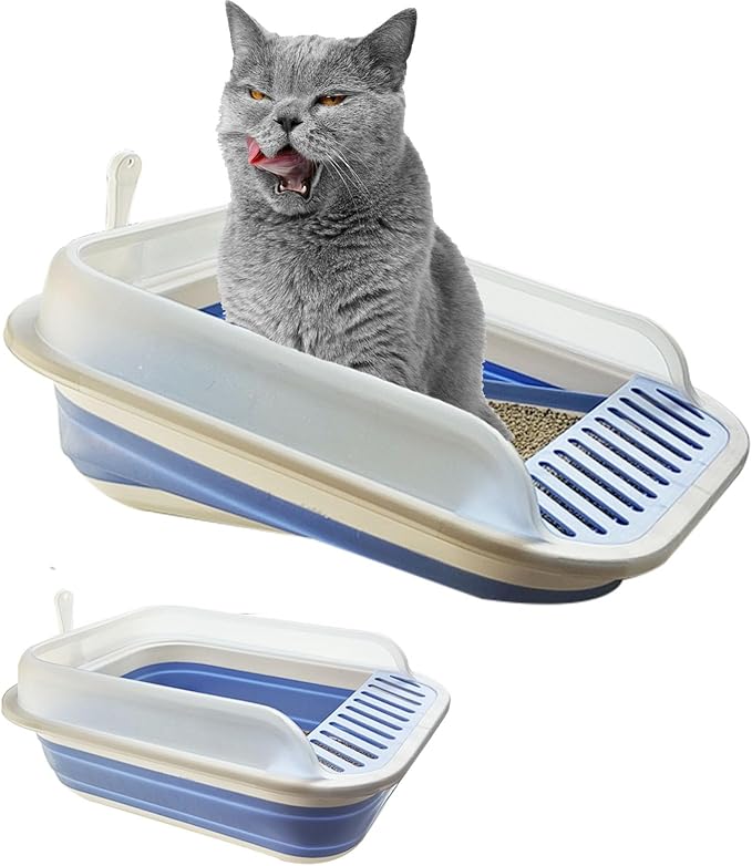 Open Cat Litter Box with High Side, Anti-Splashing Kitty Litter Pan Collapsible Travel Litter Potty Pan Scoop Leak-Proof Pedal Cat Toilet No Smell Easy Clean (M Blue High Side)-Mewly Pet