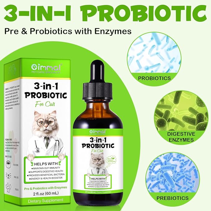 3 in 1 Probiotics for Cats, Cat Digestive Support,Daily Digestive Health Supplement with Multiple Strains of Bacteria Help with Diarrhea,Gas and Bloating, Cat Herbal Supplements- 60ml-Mewly Pet