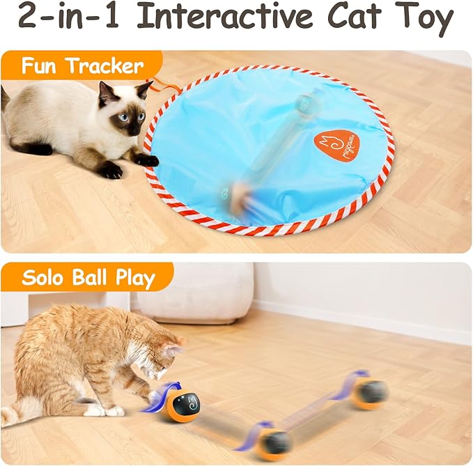 Migipaws Interactive Cat Ball Toy Set, Fun Tracker, Glowing Chase Ball with MystiChaser Pouch, Fluffy Tail, A Small Mice (Orange)-Mewly Pet