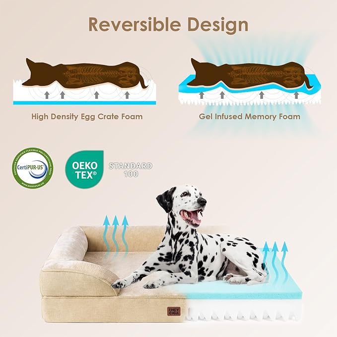 EHEYCIGA Orthopedic Dog Beds for Large Dogs, Waterproof Memory Foam Large Dog Bed with Sides, Non-Slip Bottom and Egg-Crate Foam Pet Couch Bed with Washable Removable Cover, Greige-Mewly Pet