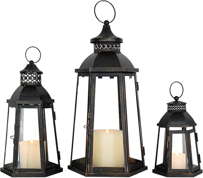 DECORKEY 19’’&16’’&8’’ Lanterns Decorative Outdoor & Indoor, Large Lantern for Front Porch, Metal Frame Candle Holders with Glass, Vintage Patio, Pathway, Balcony, Garden, Yard Decor
