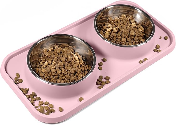 Cat Food Bowls, Cat Bowls Non-Skid and Non-Spill Silicone Pads with PP Stand, Removable Stainless Steel Food and Water Dishes for Cats, Small Size Dogs-Mewly Pet