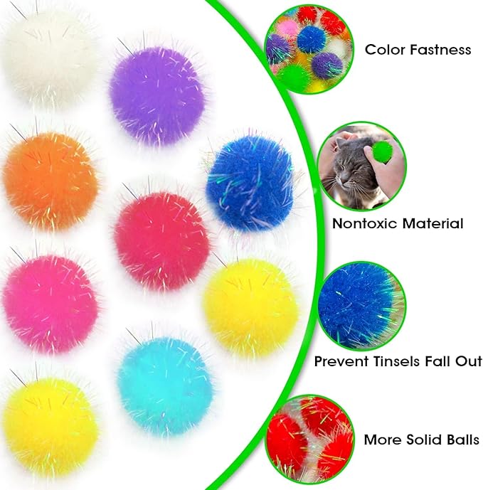 20 Pieces Mix Sizes Sparkle Pom Pom Balls for Cat - Interactive Glitter Balls, Multicolor, Best as Kitten Play Toys.-Mewly Pet