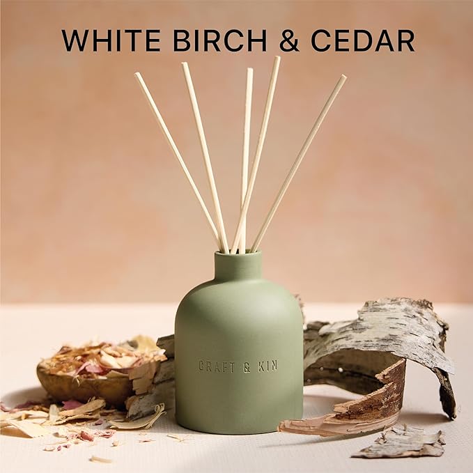 Craft & Kin Christmas Reed Diffuser for Home & Bathroom – White Birch & Cedar Holiday Reed Diffuser Set with Fragrance Sticks, Long-Lasting Alcohol-Free Winter Scent, Earthenware Collection, 6.7oz