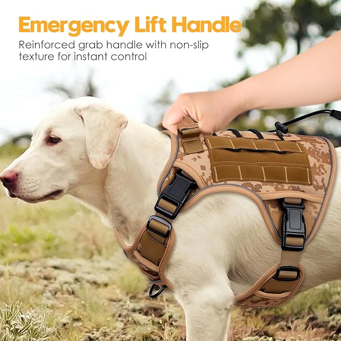 Heavy-Duty Tactical Dog Harness for Large Dogs, No Pull Adjustable Reflective Pet Vest with Molle System, K9 Military-Grade Control for Service Training, Outdoor & 10+ Breeds, Khaki Camo, X-Large-Mewly Pet