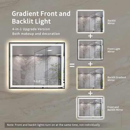 Bathroom Mirror Frame, 48x40 Inch Black Framed Gradient Front and Backlit LED Bathroom Mirror, 3 Colors Dimmable CRI>90, IP54 Enhanced Anti-Fog Wall Mounted LED Mirror