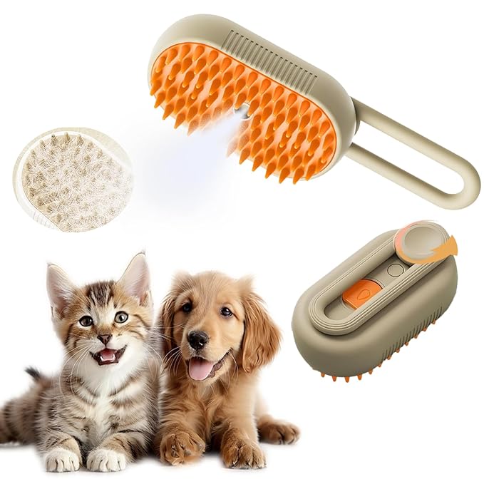 Cat Steam Brush, 3 in 1 Pet Spray Hair Removal Comb, Cats and Dogs Brush for Shedding, Rechargeable Silicone Pet Steam Brushes, Spritz Defur Comb for Massage, Cleaning and Remove Loose Hair - Khaki-Mewly Pet