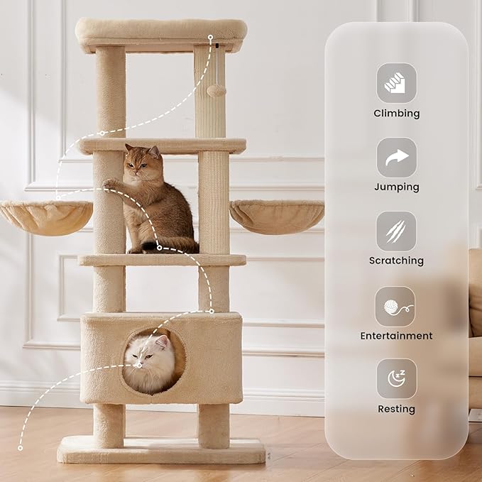 Gardner Pet 65in Heavy Duty Cat Tree Tower for Large Cats, Multi-Level Cat Furniture with Replaceable Sisal Scratching Post, Hammock | Extra-Large Platform & Condo (Upgraded Beige)-Mewly Pet