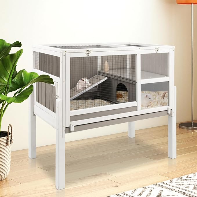 Guinea Pig Cages Hamster Cage Indoor with Stand, Chew Proof Rabbit Cages Habitat for Small Animals with Pull Out Tray, Detachable Legs, Large Guinea Pig House with Ramp, Hideout-Mewly Pet