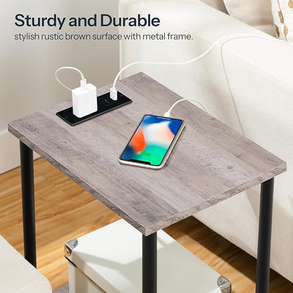 HOOBRO Side Table with Charging Station, Set of 2 End Tables with USB Port and Outlets, Nightstand with 2-Layer Storage Shelves for Small Spaces, Living Room, Bedroom, Greige and Black BG09UBZP201