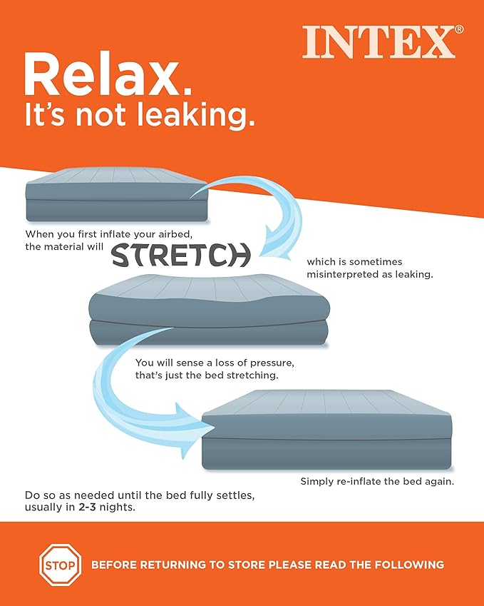 Intex 64779E Dura-Beam Standard Prestige Air Mattress: Fiber-Tech - Queen Size - Hand-Held Battery Pump - 10in Bed Height - 600lb Weight Capacity