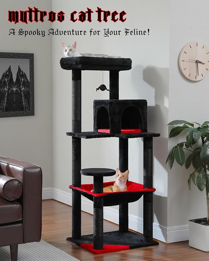 Gothic Cat Tree with Super Large Hammock, 56.3" Black Cat Tower with Coffin Bed, Cat Condo, Sisal Scratching Posts & Top Perch, Multi-Level Goth Cat Tree, Halloween, Black-Mewly Pet