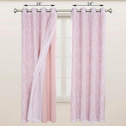 BONZER Mix and Match Curtains - 2 Pieces Branch Print Sheer Curtains and 2 Pieces Blackout Curtains for Bedroom Living Room Grommet Window Drapes, 54x95 Inch/Panel, Blush, Set of 4 Panels
