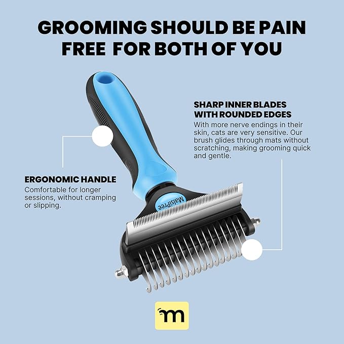 MalsiPree Cat Shedding Brush - 2 in 1 Deshedding Tool & Undercoat Rake for Dense Double-Coats - Dematting Comb - Deshedding Brush for Cats - Pet Hair Removal Tool (Blue) - Dog Grooming Supplies-Mewly Pet