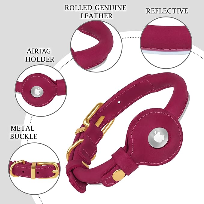 OOPSDOGGY Rolled Leather Dog Collar with Airtag Holder - Reflective Round Airtag Dog Collar - Soft Tracking Pet Collar for Small Dogs Puppy Cats Kitten (Pink, XXS, 7"-9")-Mewly Pet