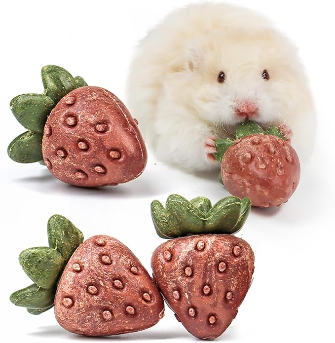 TEEWY 4PCS Hamster Chew Toys, Guinea Pig Chew Toys for Teeth with Natural Vegetables and Timothy Grass, Chinchilla Toys,Dental Care for Rats/Guinea Pigs/Hamsters and Gerbil, Strawberry-Shape-Mewly Pet