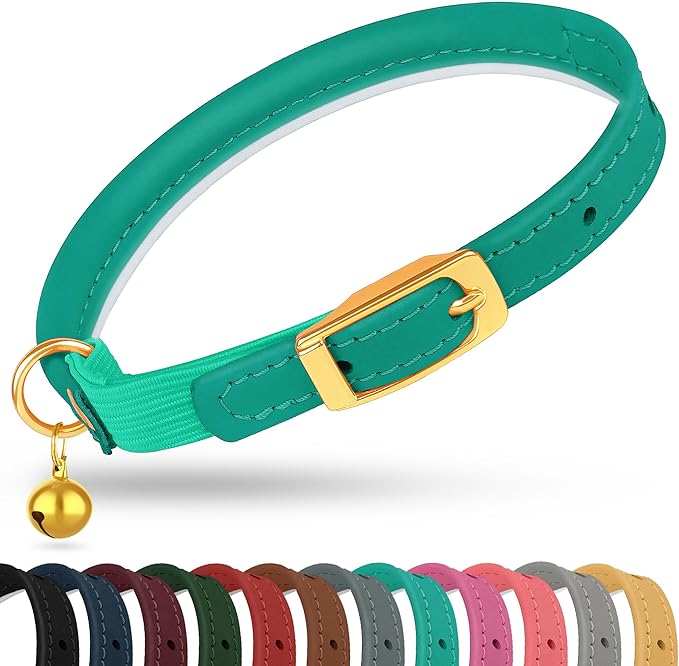 OOPSDOGGY Rolled Leather Cat Collar with Bell - Reflective Kitten Collar with Safety Elastic Strap - Adjustable Small Pet Collars for Boy Girl Cats (Teal)-Mewly Pet